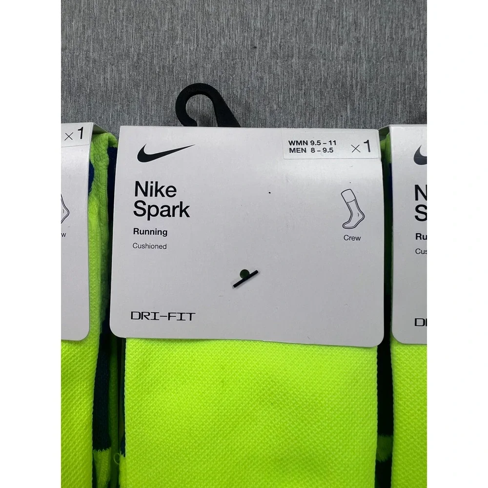 3 Nike Spark Running Crew‎ Socks Volt Yellow Dri-FIT Cushioned M 8-9.5 W 9.5-11